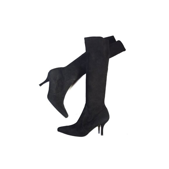 STUART WEITZMAN Boots Black Stretch Suede Heeled Boots 9.5 M - Picture 2 of 6